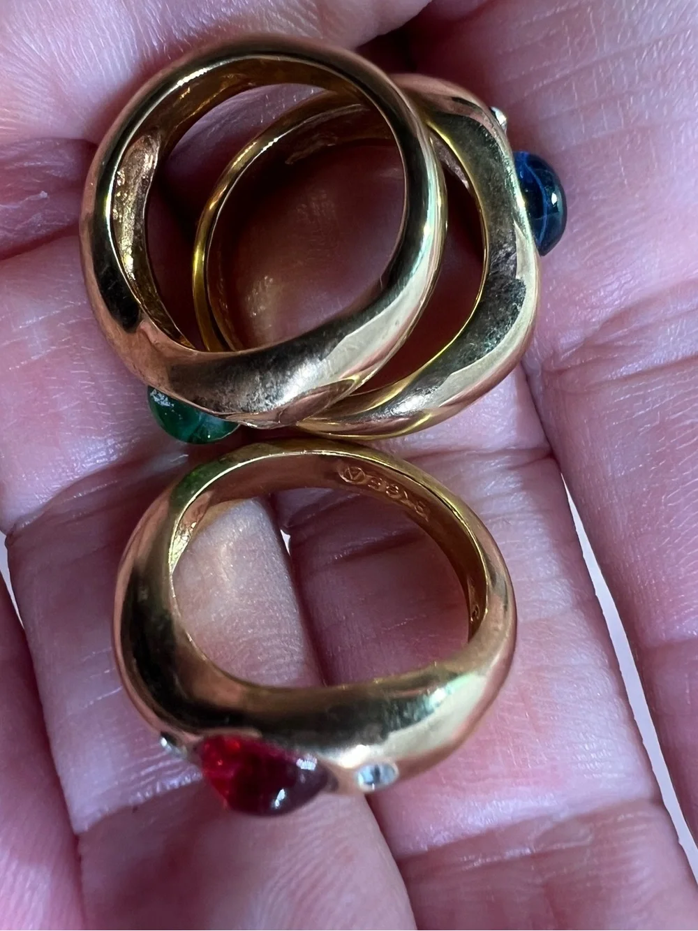 18K gold electroplate Trio Multi-Stone Cocktail Rings - Red Blue Green